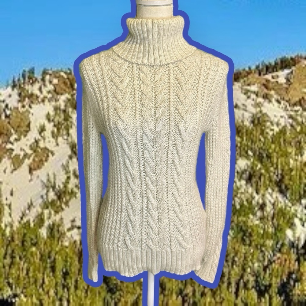 Eddie Bauer Vintage Cream & Silver Metallic Cable Knit Angora-Blend Sweater Sz S - Picture 2 of 12
